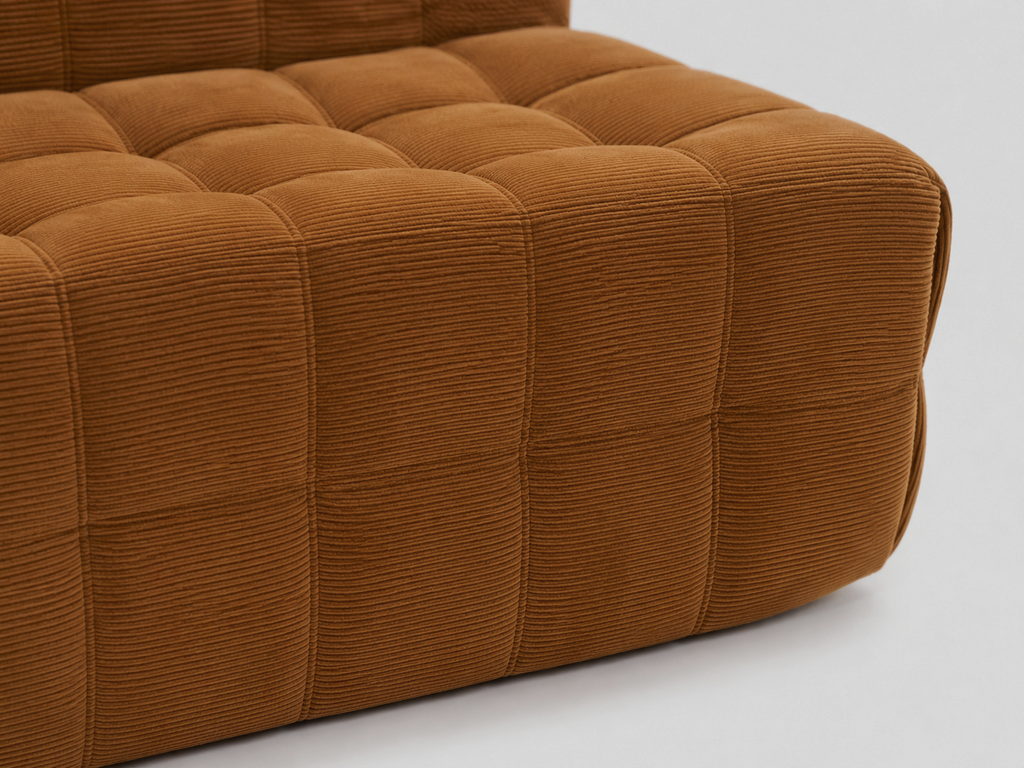Plush Tufted Lounge Loveseat in Tangerine with corduroy tufted cushion edge detail