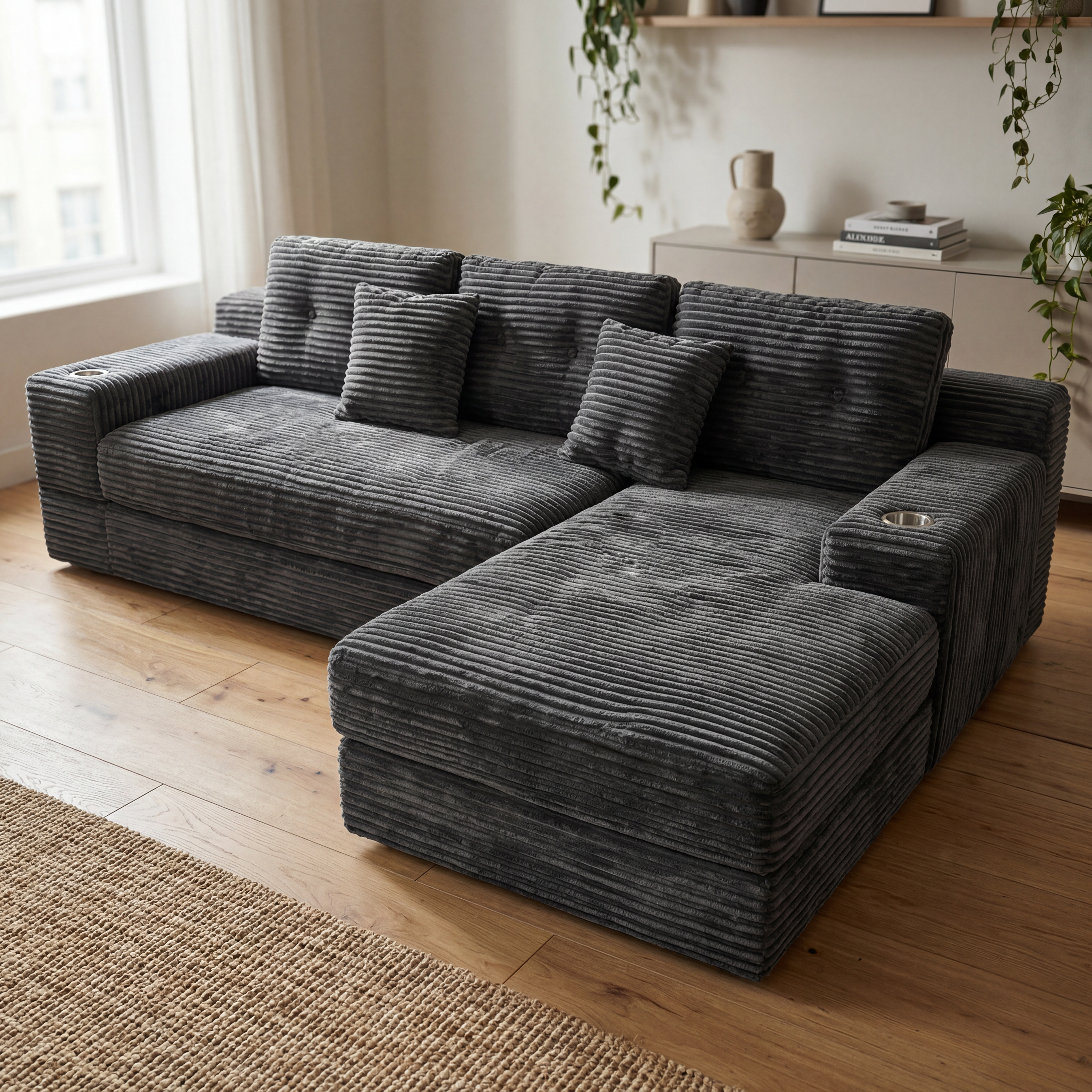 Lune Cloud Sectional Sofa in Charcoal with tailored modular upholstery and chaise detail