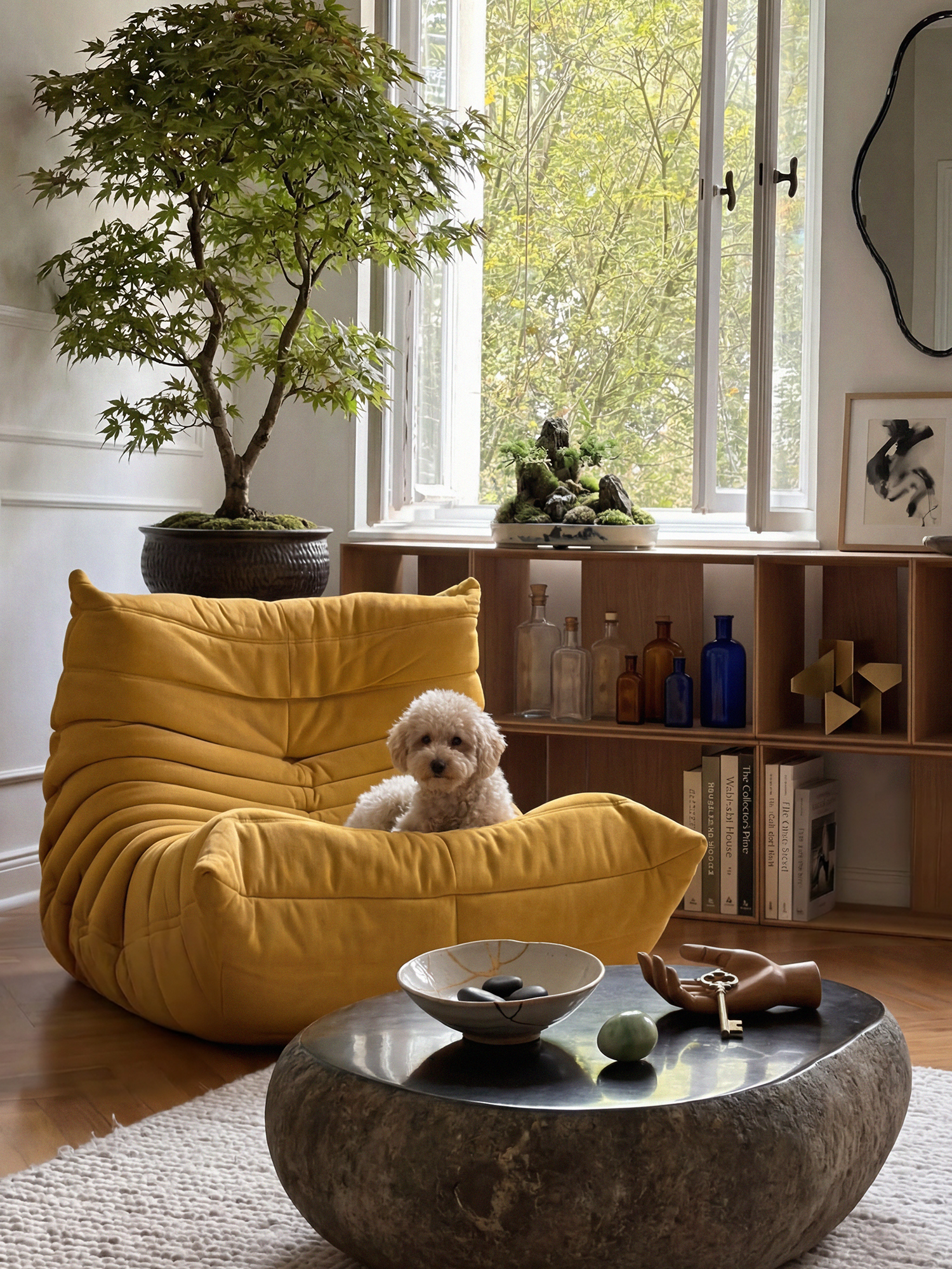 Noma Floor Lounge Chair in Yellow styled in a cozy living room with relaxed floor seating