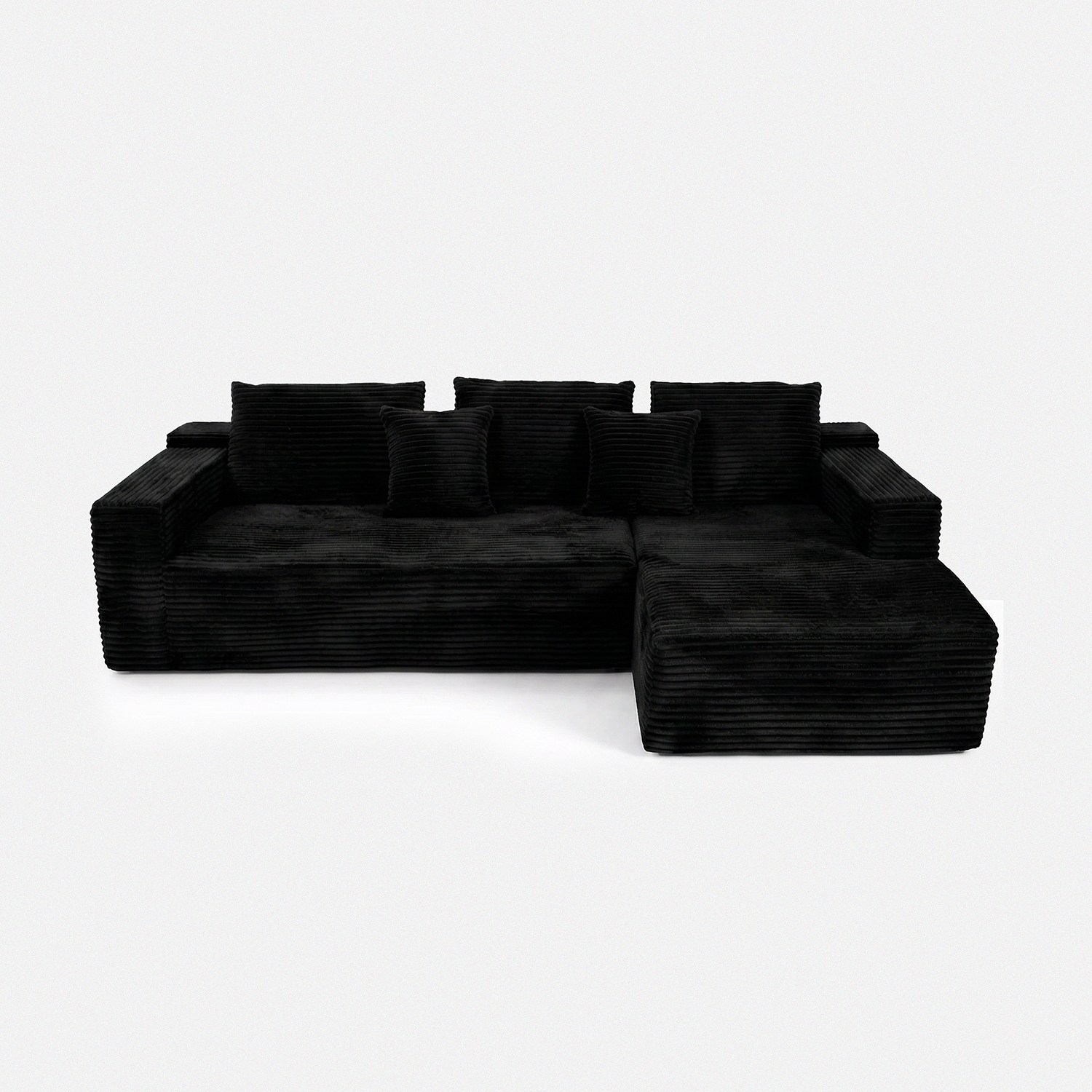 Lune Corduroy L-Shape Sectional in black plush corduroy with chaise seating