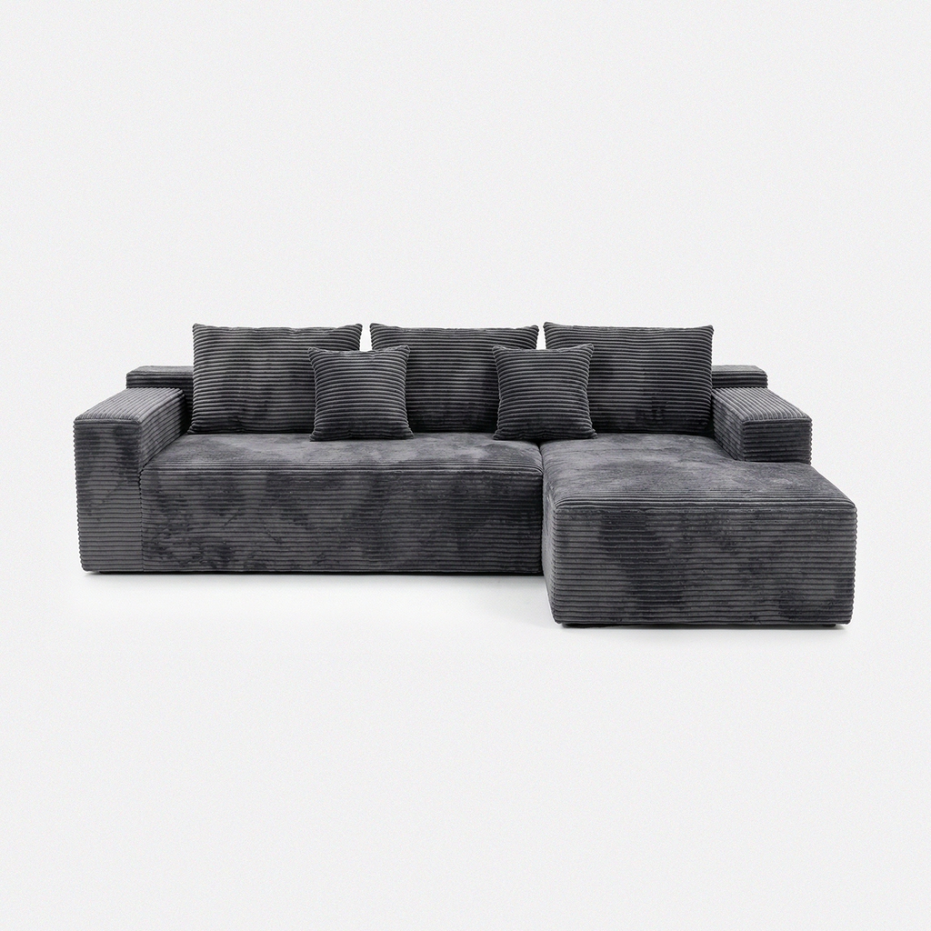 Lune Corduroy L-Shape Sectional in black plush corduroy with chaise lounge and layered cushions
