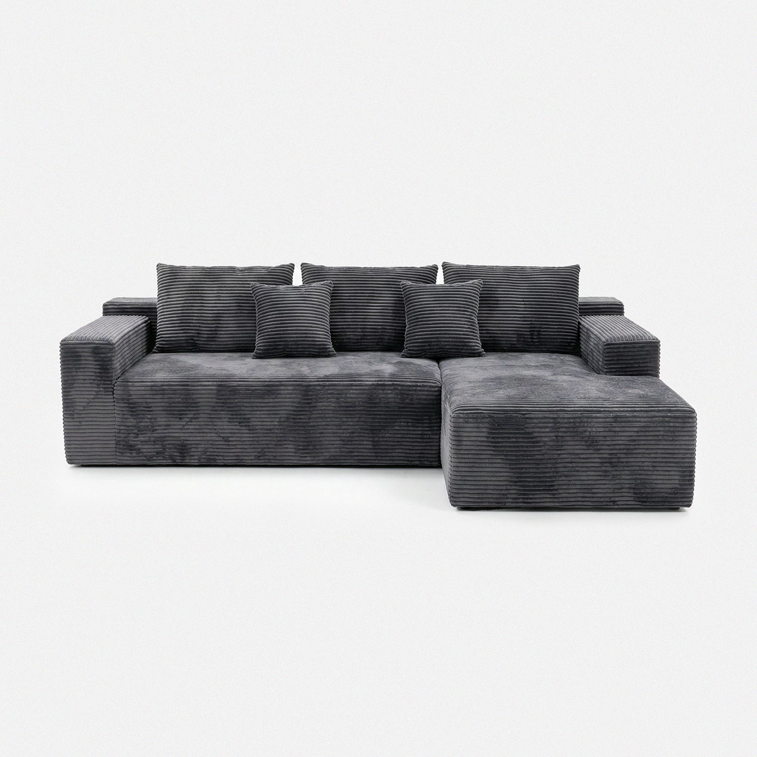 Lune Corduroy L-Shape Sectional in black plush corduroy with chaise lounge and layered cushions