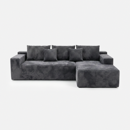 Lune Corduroy L-Shape Sectional in black plush corduroy with chaise lounge and layered cushions