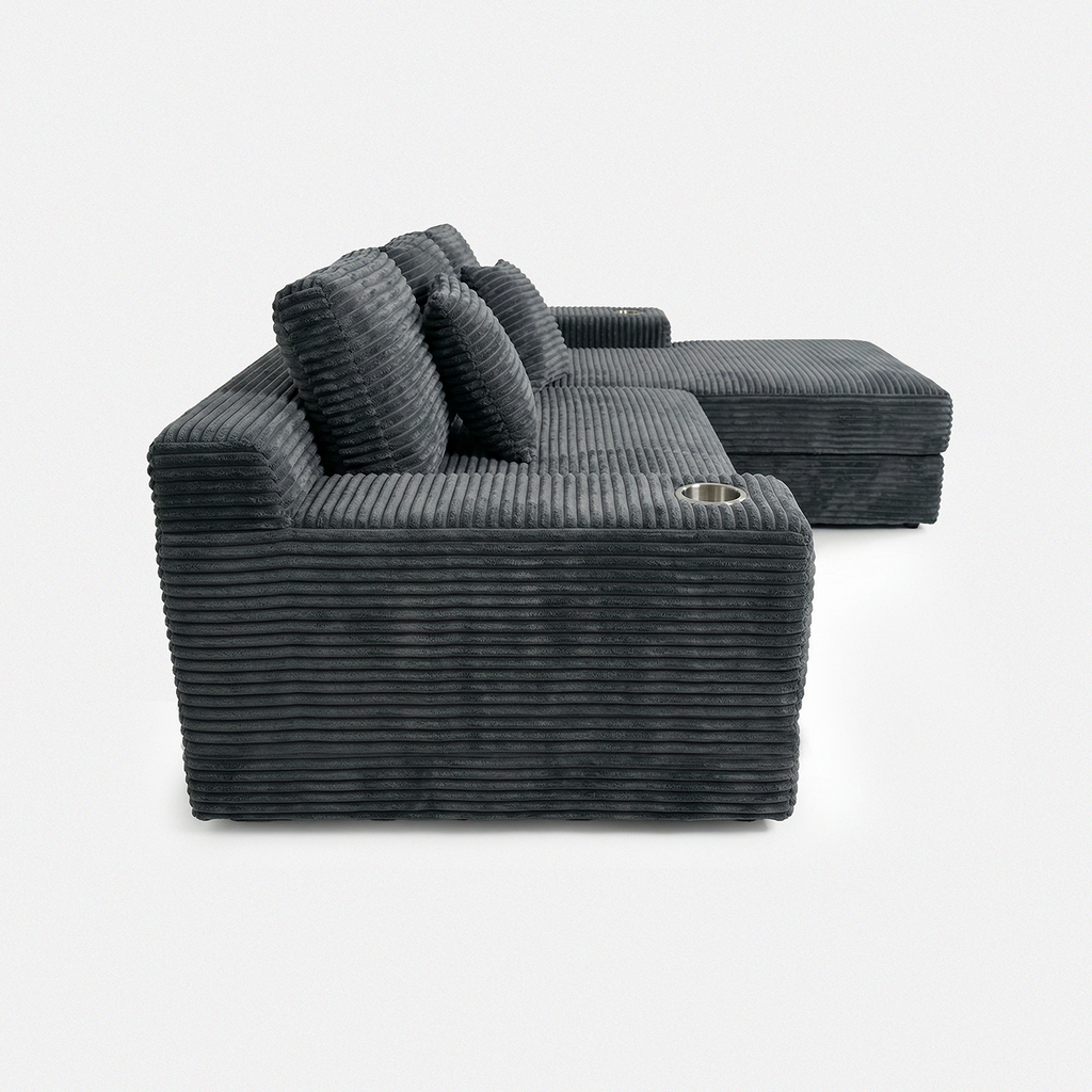 Lune Cloud Sectional Sofa in Charcoal side view with chaise layout and plush corduroy texture