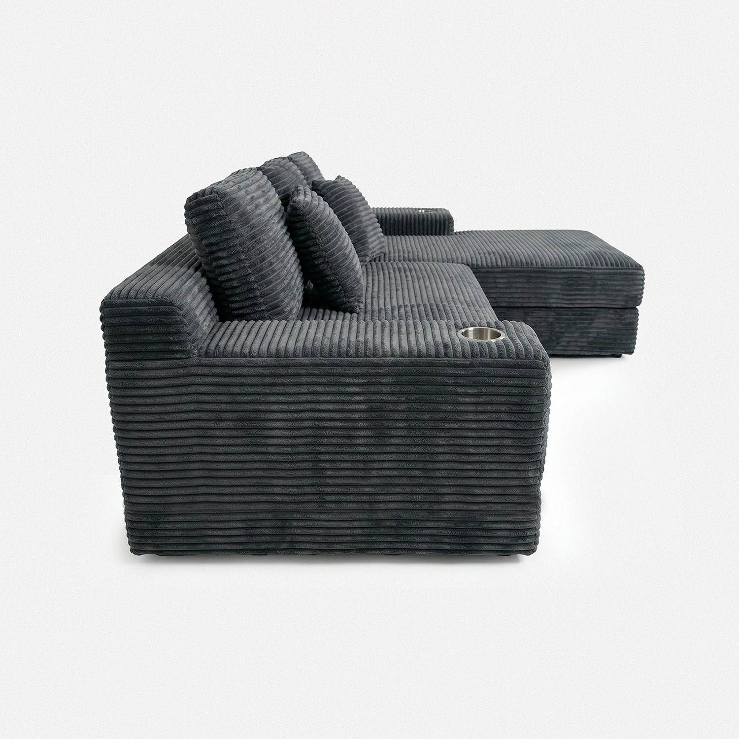 Lune Cloud Sectional Sofa in Charcoal side view with chaise layout and plush corduroy texture