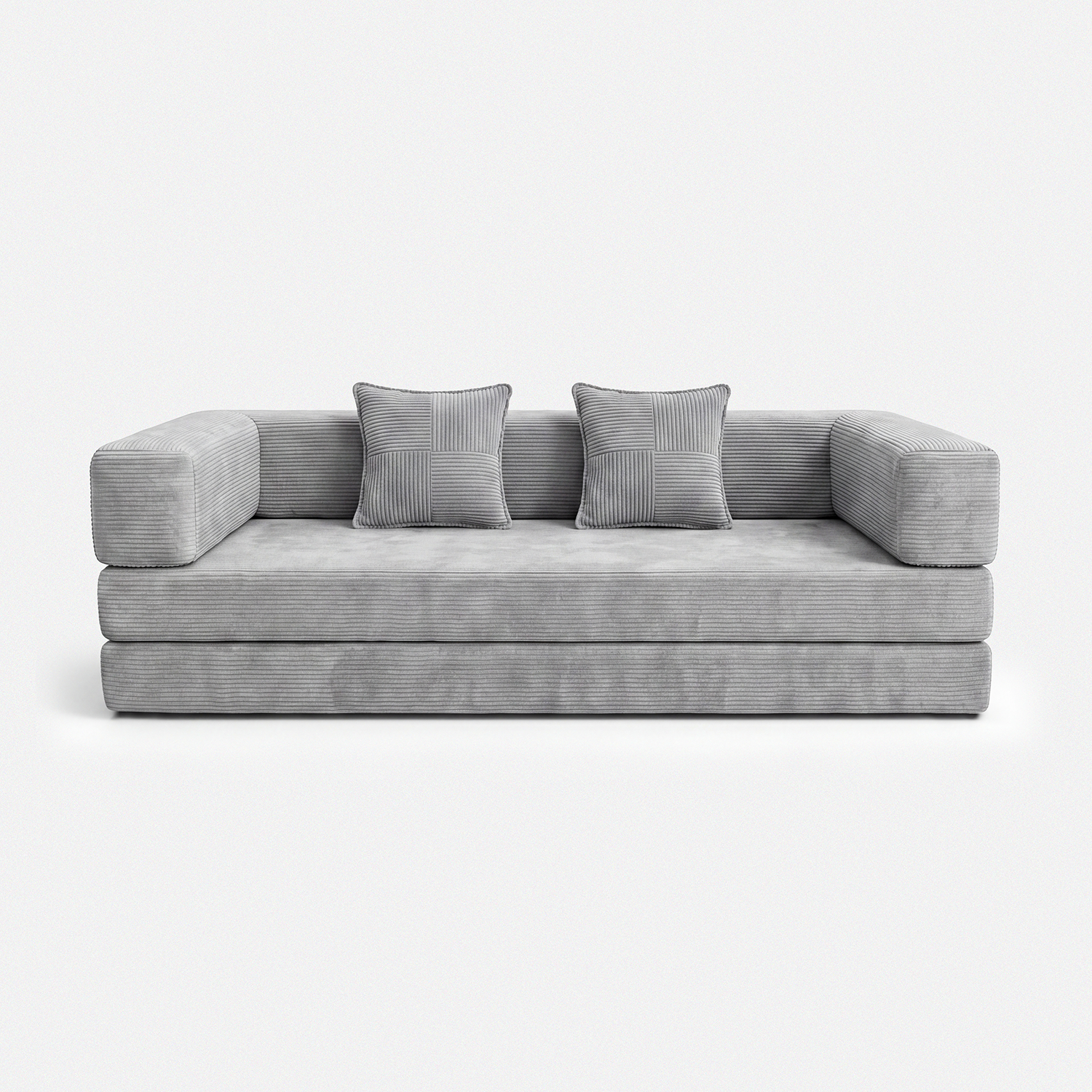 Milo Corduroy Sleeper Sofa in Light Grey with pillows and low-profile sofa bed design