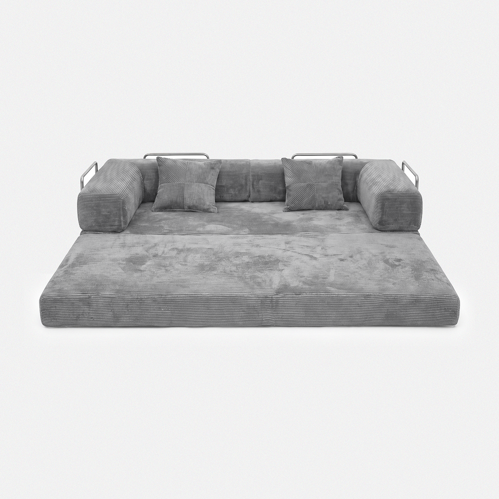 Milo Corduroy Sleeper Sofa in Light Grey shown as a spacious sofa bed layout
