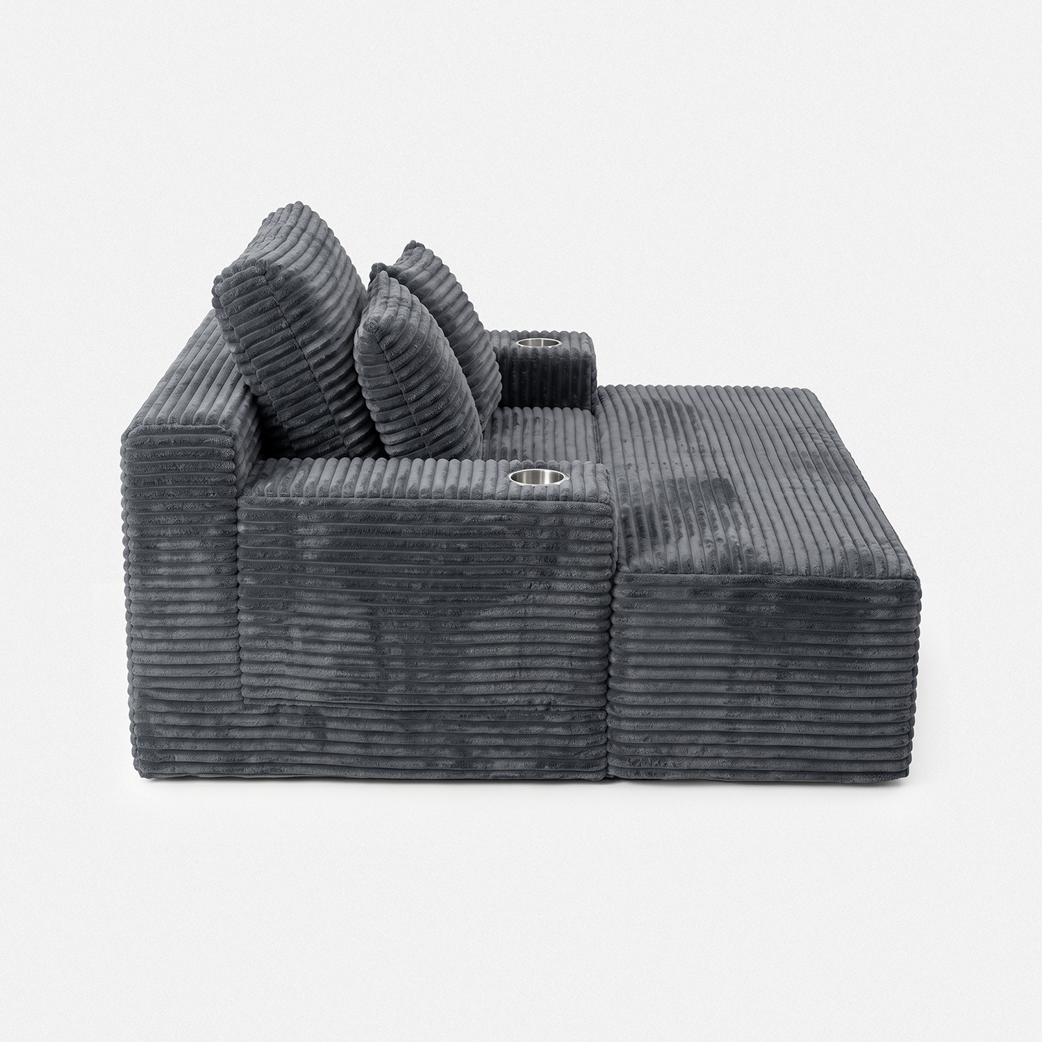 Side view of the Lune Charcoal Compact Chaise Lounge showing its deep seat, angled back cushions, and built-in cup holders