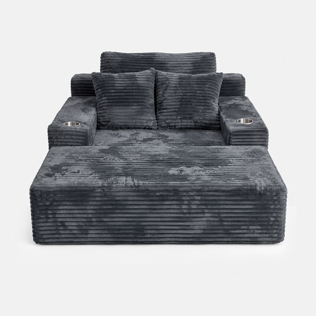 Lune Charcoal Compact Chaise Lounge with wide seat, cup holders, and plush corduroy texture