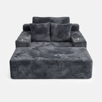 Lune Charcoal Compact Chaise Lounge with wide seat, cup holders, and plush corduroy texture