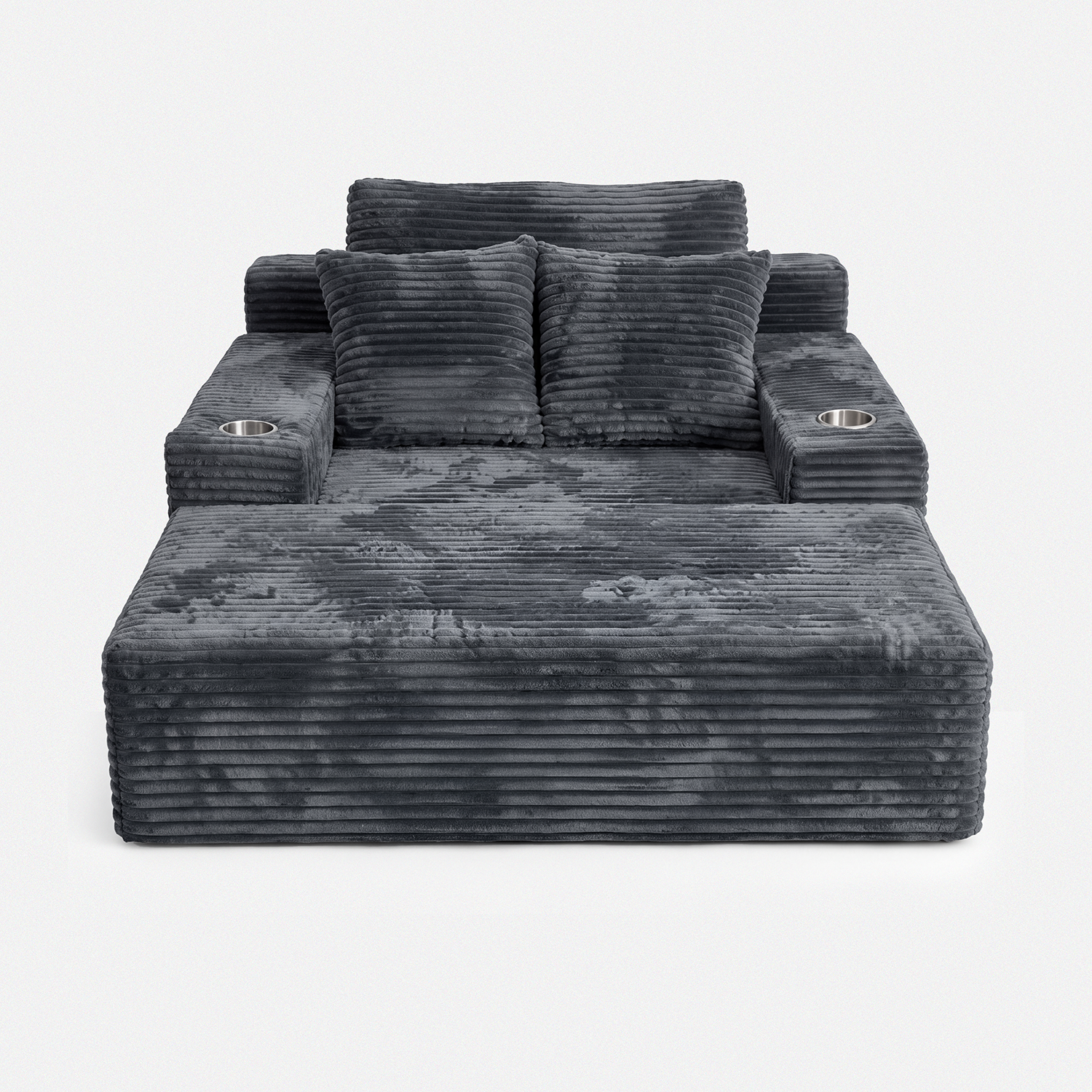Lune Charcoal Compact Chaise Lounge with wide seat, cup holders, and plush corduroy texture