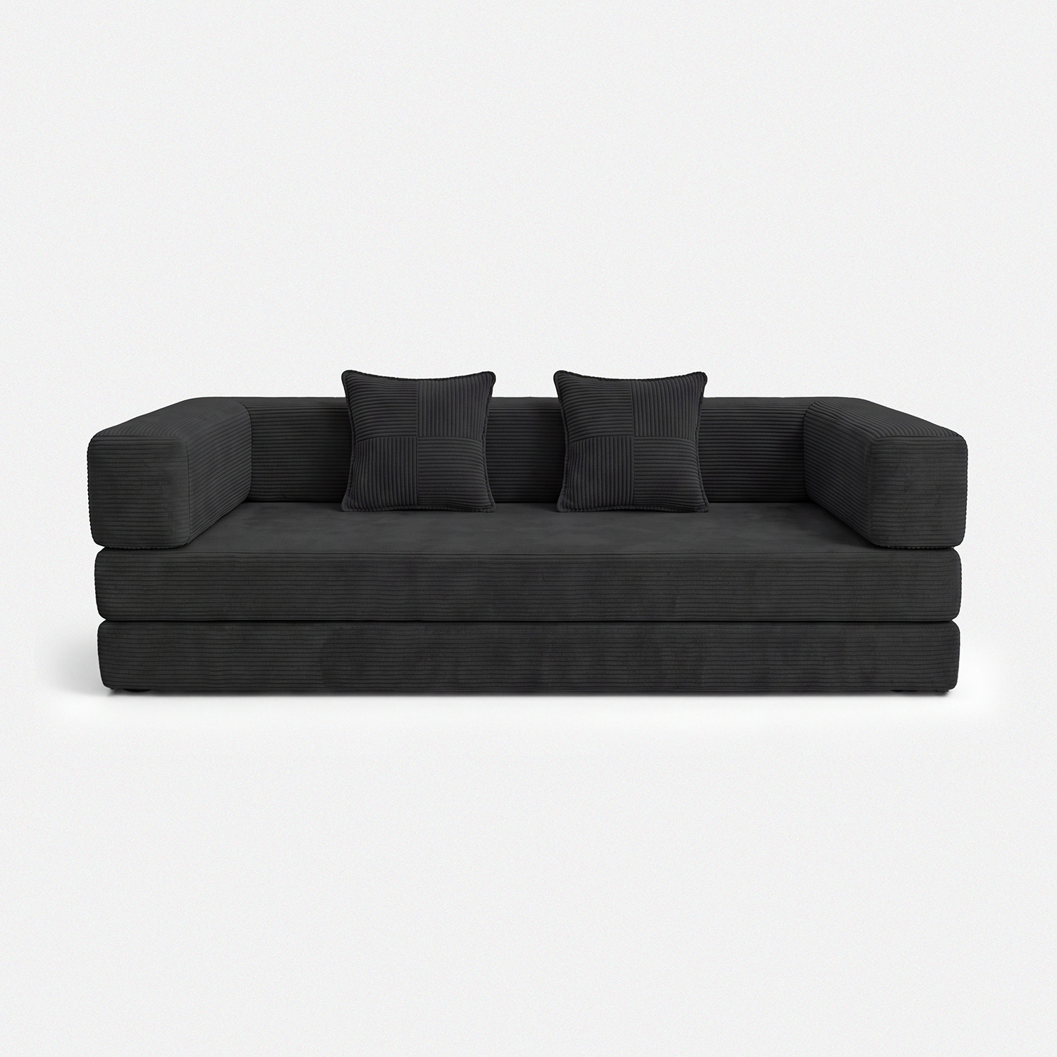 Milo Corduroy Sleeper Sofa in Black with pillows and low-profile sofa bed design