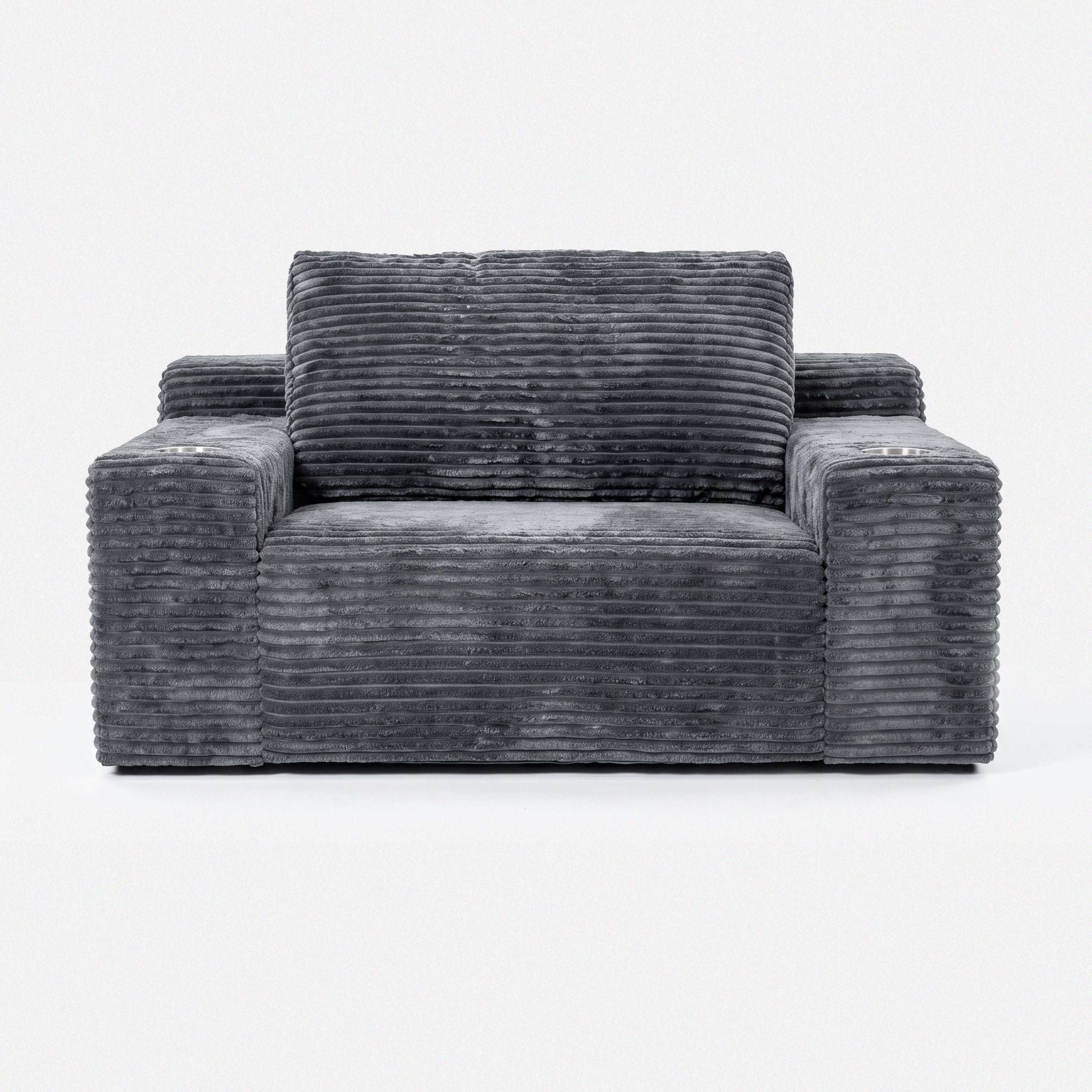 Side view of the Lune Charcoal Compact Chaise Lounge showing its deep seat, angled back cushions, and built-in cup holders