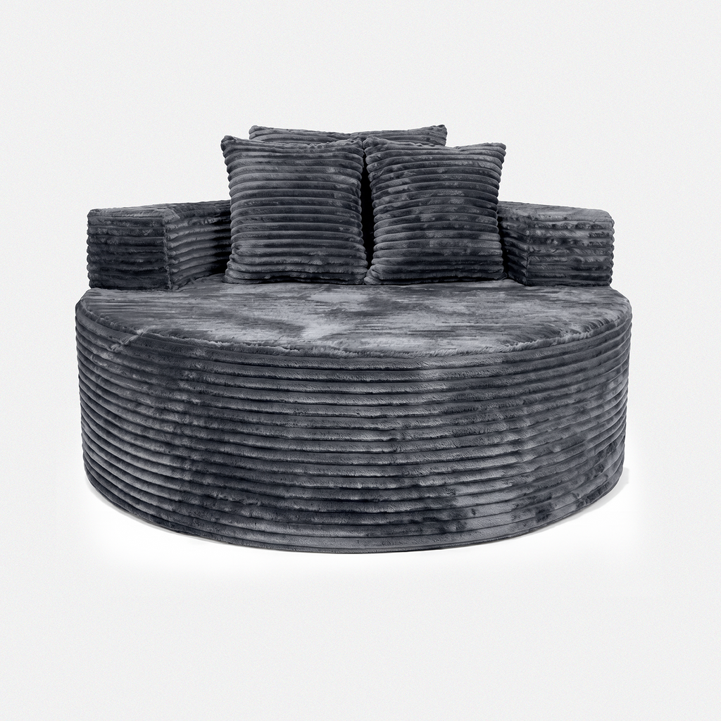 Noma Charcoal Deep Lounge Chair with oversized round seat and plush corduroy texture