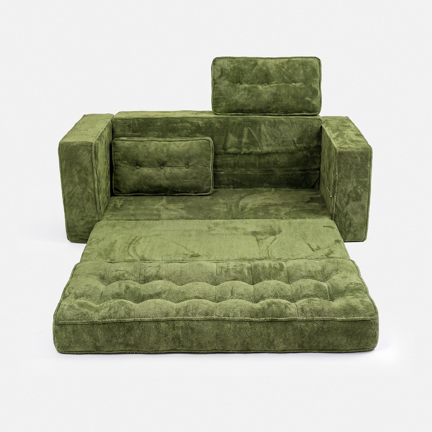 Milo Plush Sleeper Loveseat in Forest Green shown as a flat lounge bed
