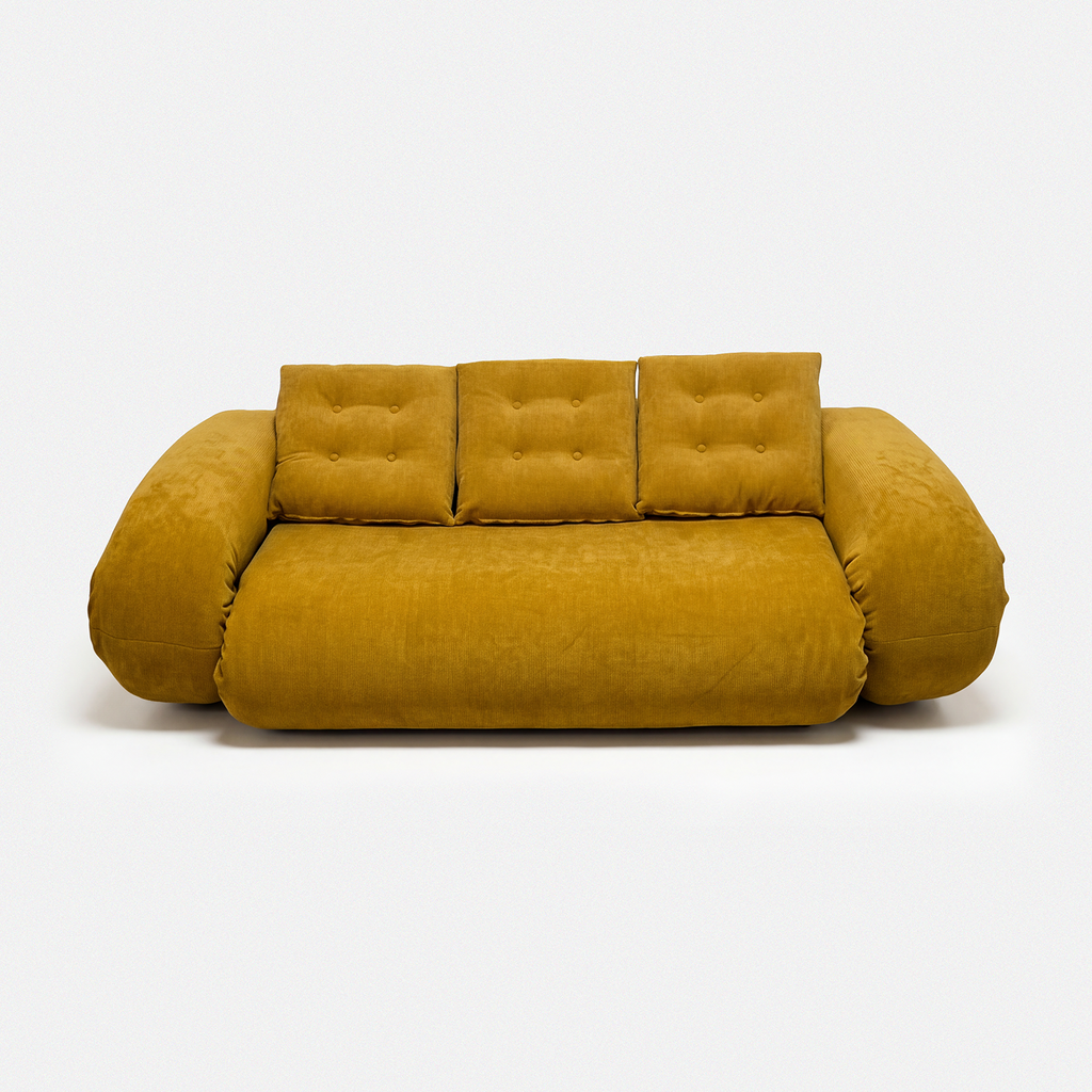 Tovo Plush Pillow Sleeper Sofa in yellow with soft pillow-style cushions