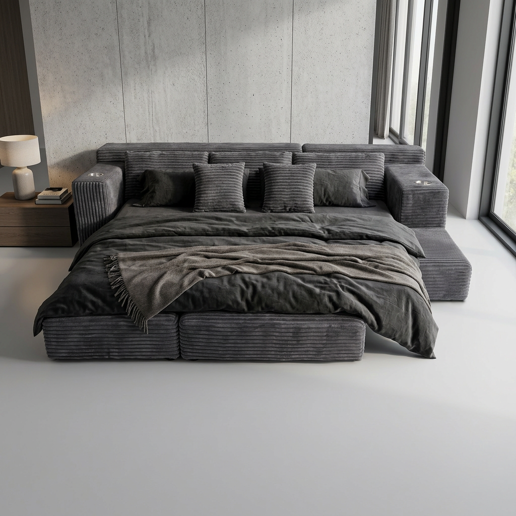 Lune Cloud Sectional Sofa in Charcoal styled as a spacious sleeper bed setup