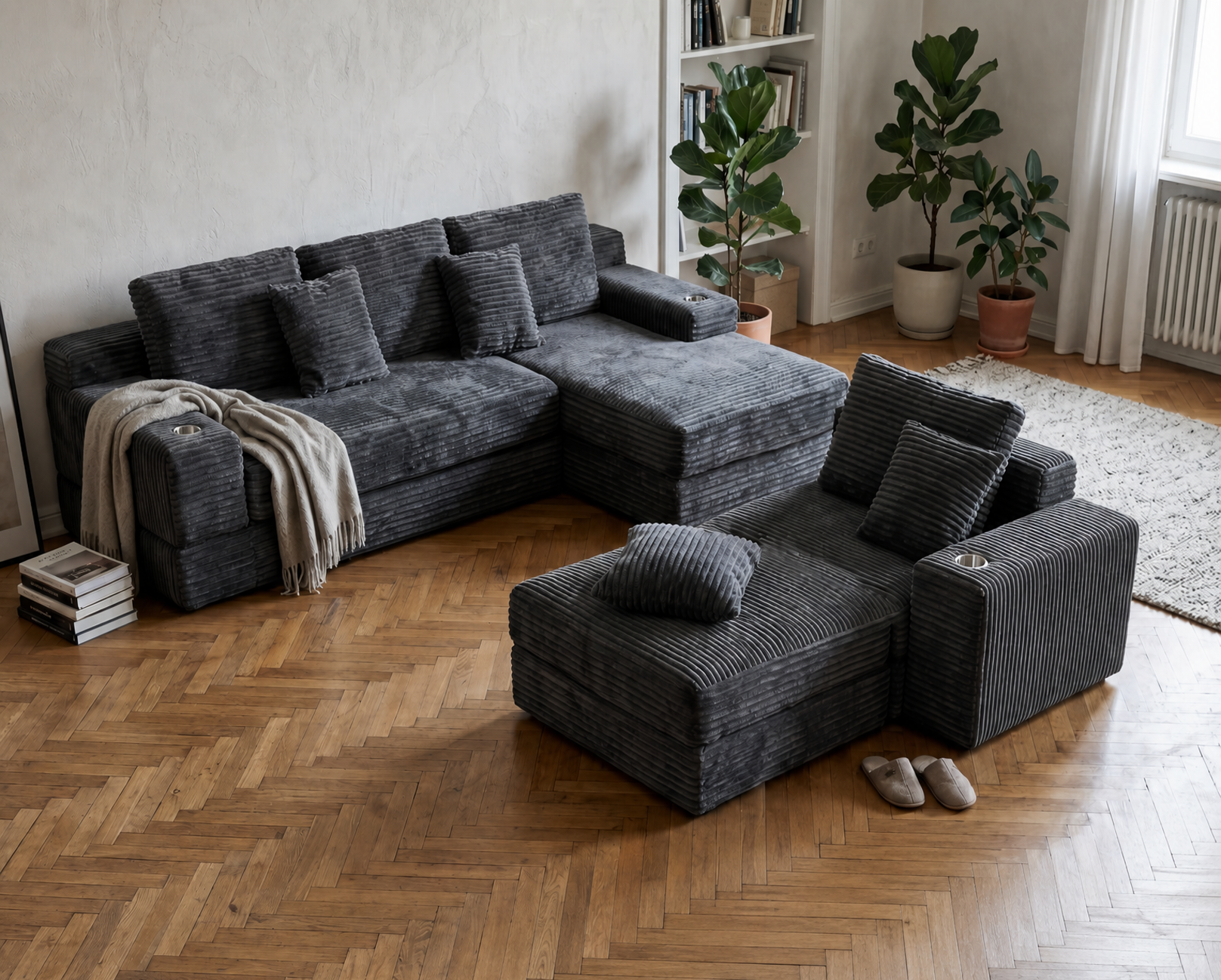 Lune Cloud Sectional Sofa in Charcoal styled with flexible modular lounge layouts
