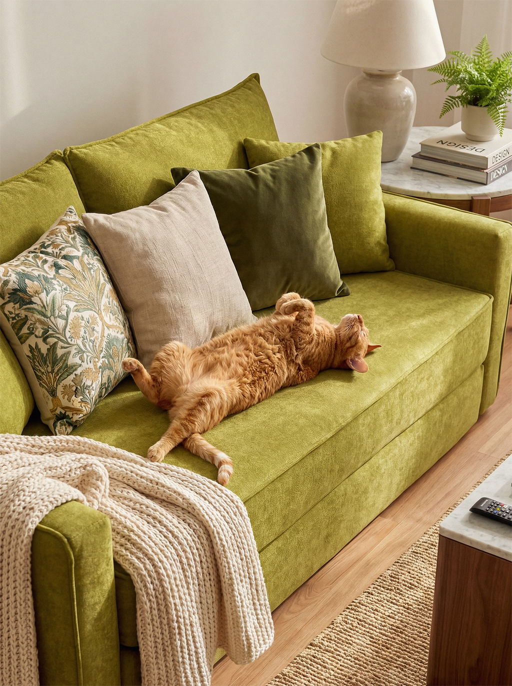 Terra Low-Profile Sleeper Sofa in Moss styled for cozy everyday lounging