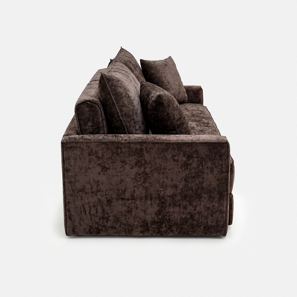 Terra Low-Profile Sleeper Sofa in Brown side view with soft cushions and low-profile design