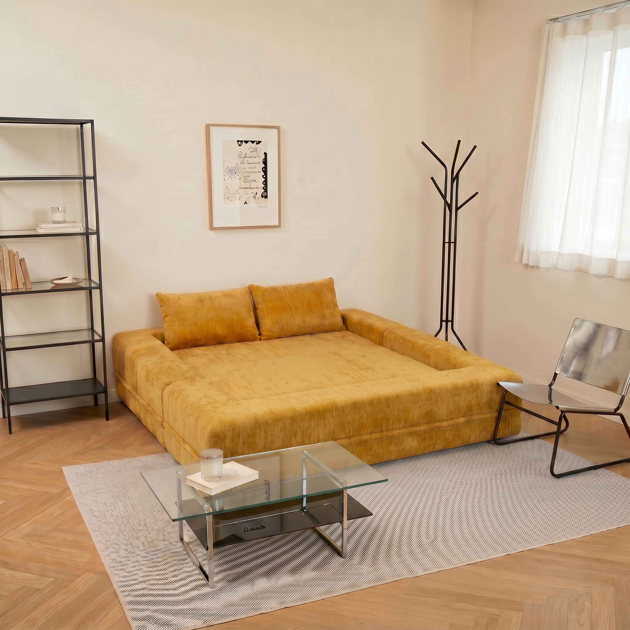 Nido Lounge Bed Sofa in Yellow styled as a spacious sofa bed in a modern living room