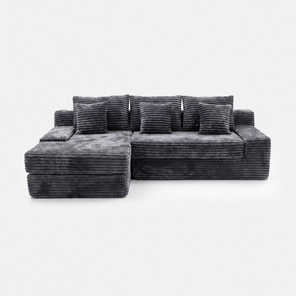 Rumi Chaise Sectional Sofa in charcoal plush corduroy with roomy chaise seating