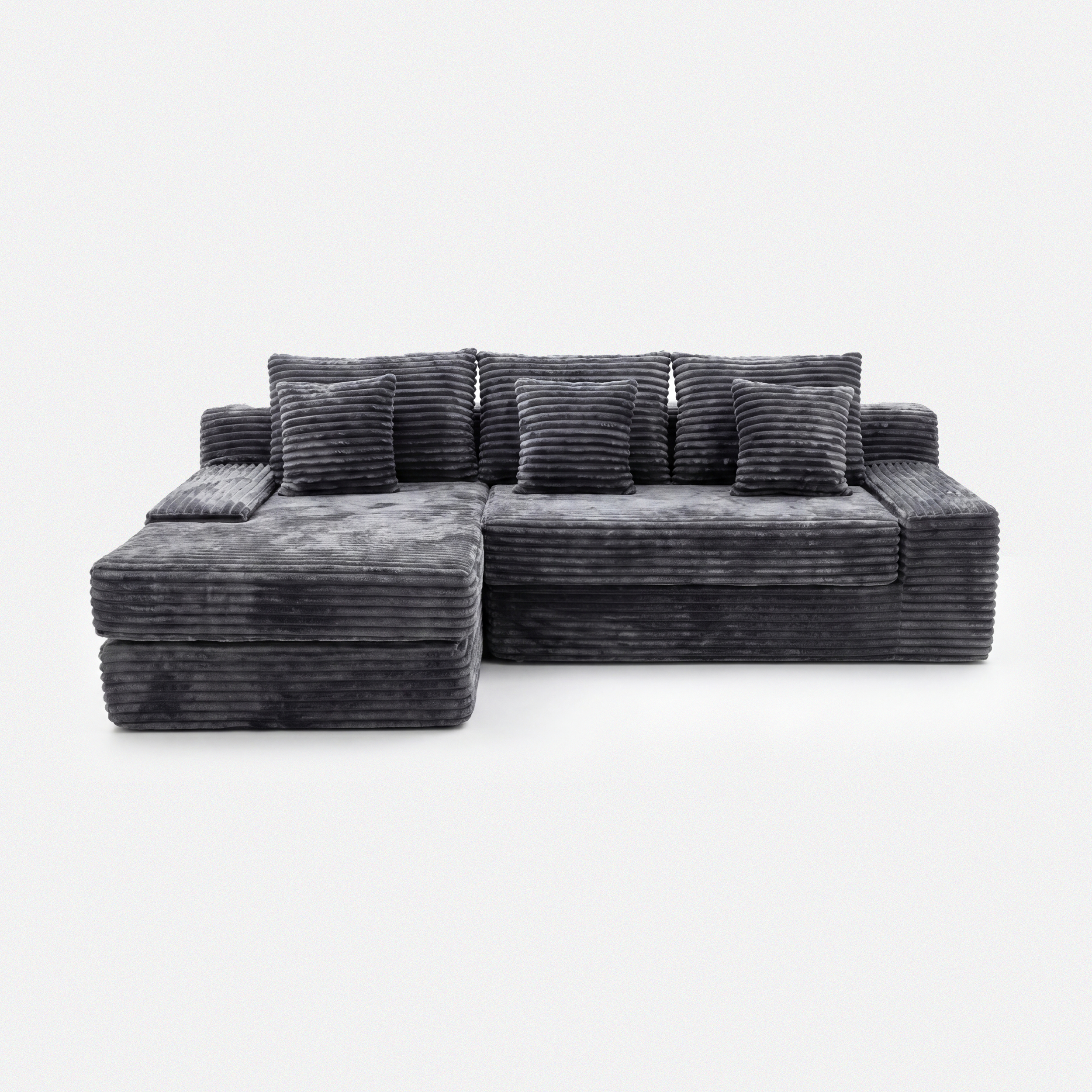 Rumi Chaise Sectional Sofa in charcoal plush corduroy with roomy chaise seating
