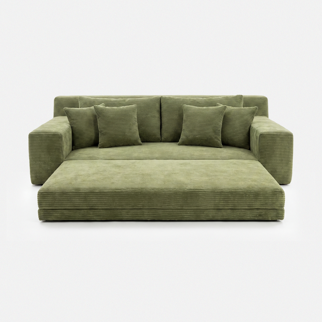 Haven Low-Profile Sleeper Sofa in Moss shown as a plush corduroy lounge bed