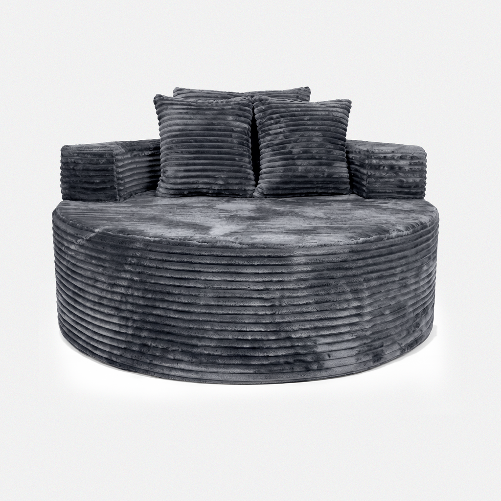 Noma Charcoal Deep Lounge Chair with oversized round seat and plush corduroy texture
