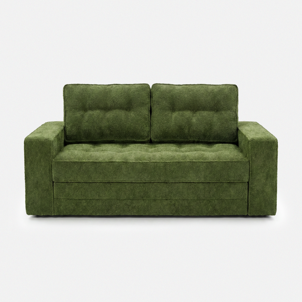 Milo Plush Sleeper Loveseat in Forest Green with square arms and soft cushion design