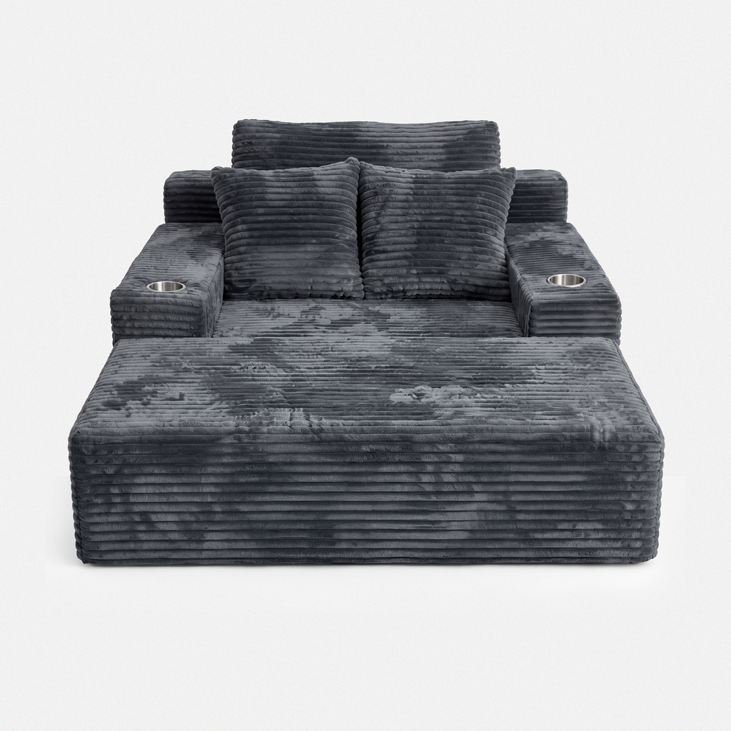 Lune Charcoal Compact Chaise Lounge with wide seat, cup holders, and plush corduroy texture