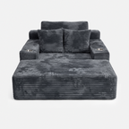Lune Charcoal Compact Chaise Lounge with wide seat, cup holders, and plush corduroy texture
