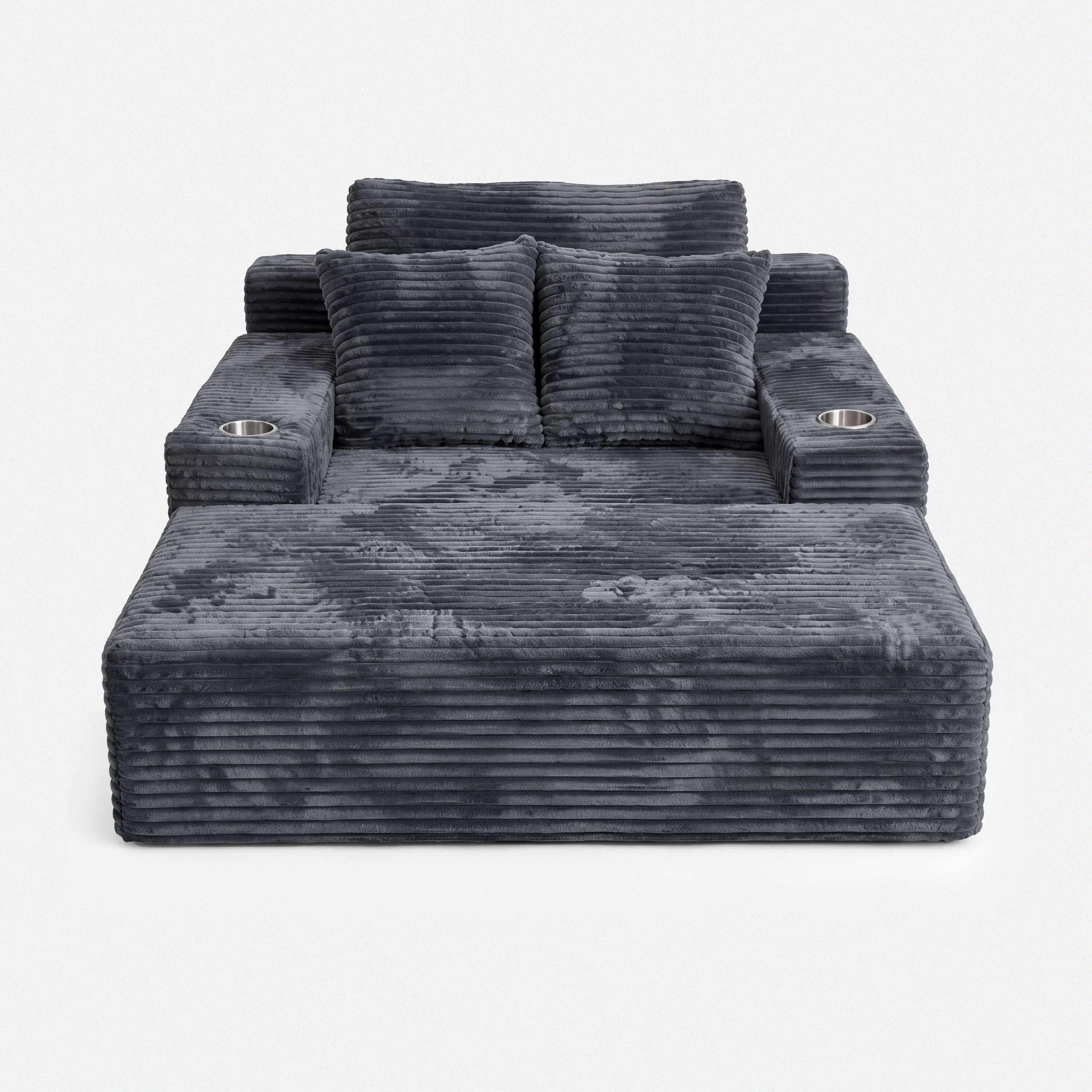 Lune Charcoal Compact Chaise Lounge with wide seat, cup holders, and plush corduroy texture