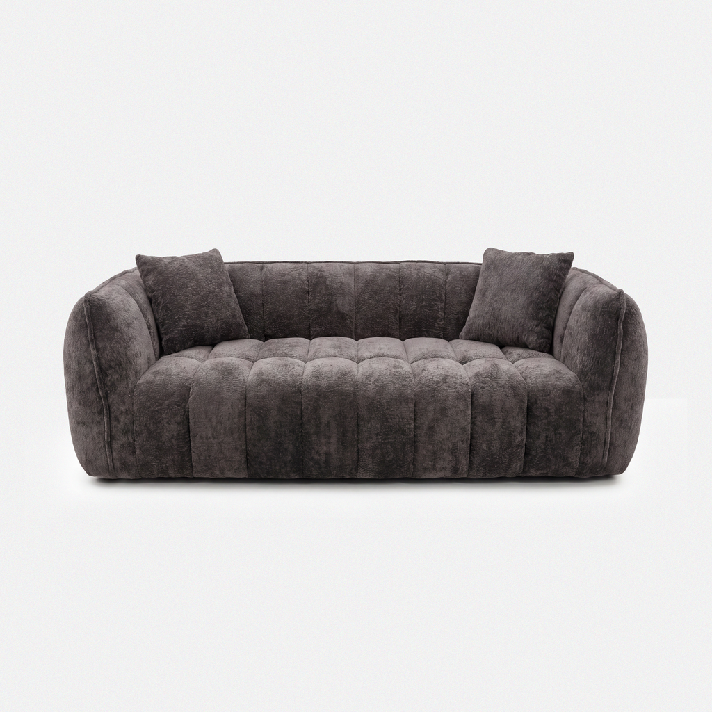Melo Charcoal Plush Loveseat with wide arms and deep seat cushions