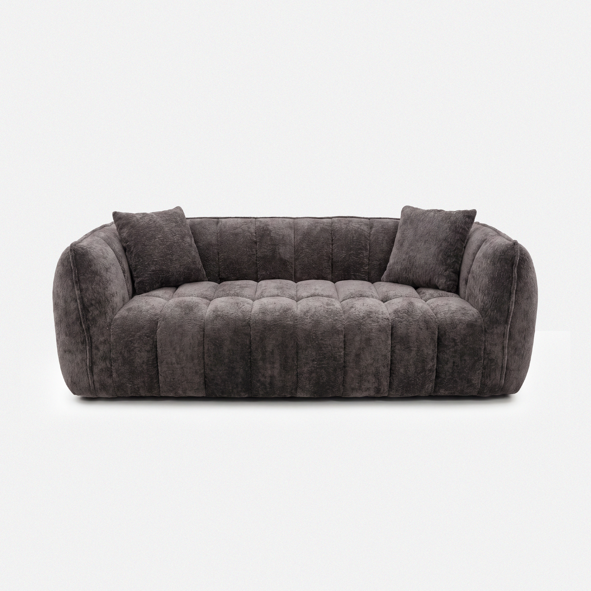Melo Charcoal Plush Loveseat with wide arms and deep seat cushions