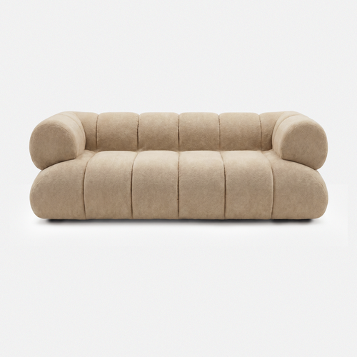 Aven Sculptural Offset Sofa in khaki beige with soft sherpa-style upholstery