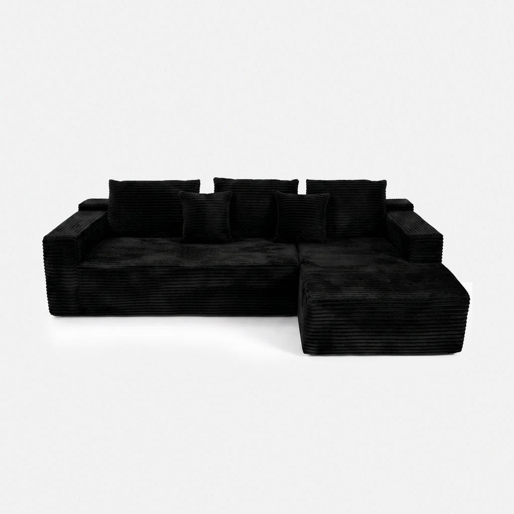 Lune Corduroy L-Shape Sectional in black plush corduroy with chaise seating