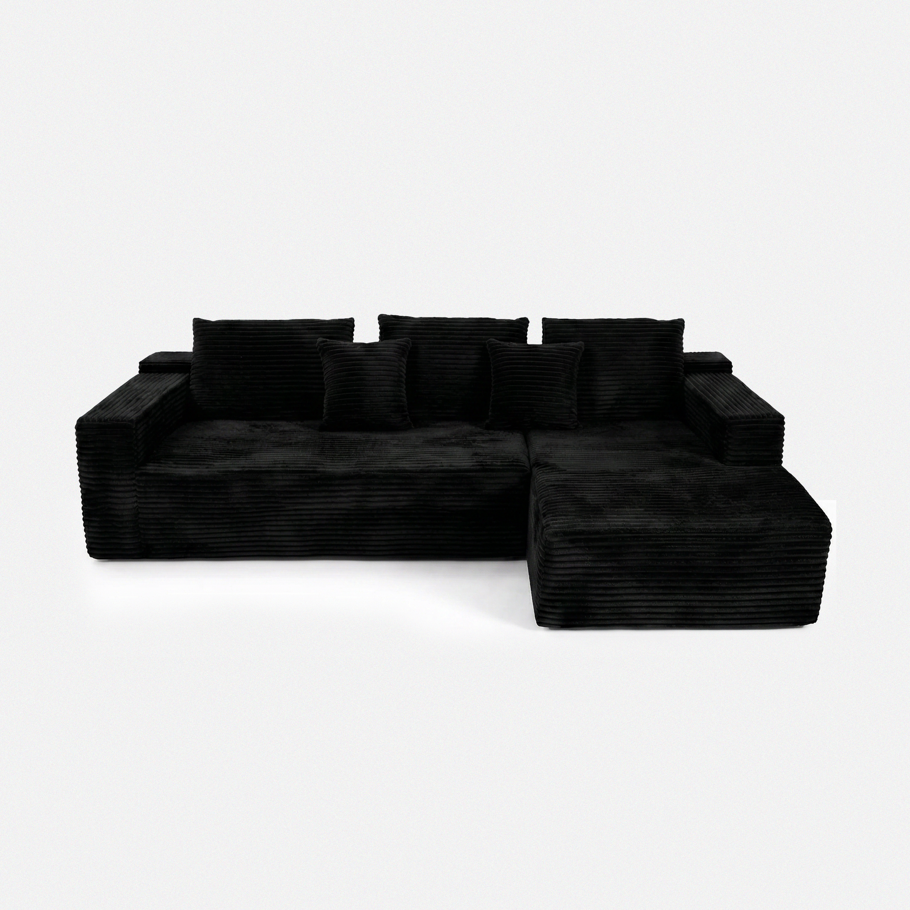 Lune Corduroy L-Shape Sectional in black plush corduroy with chaise seating