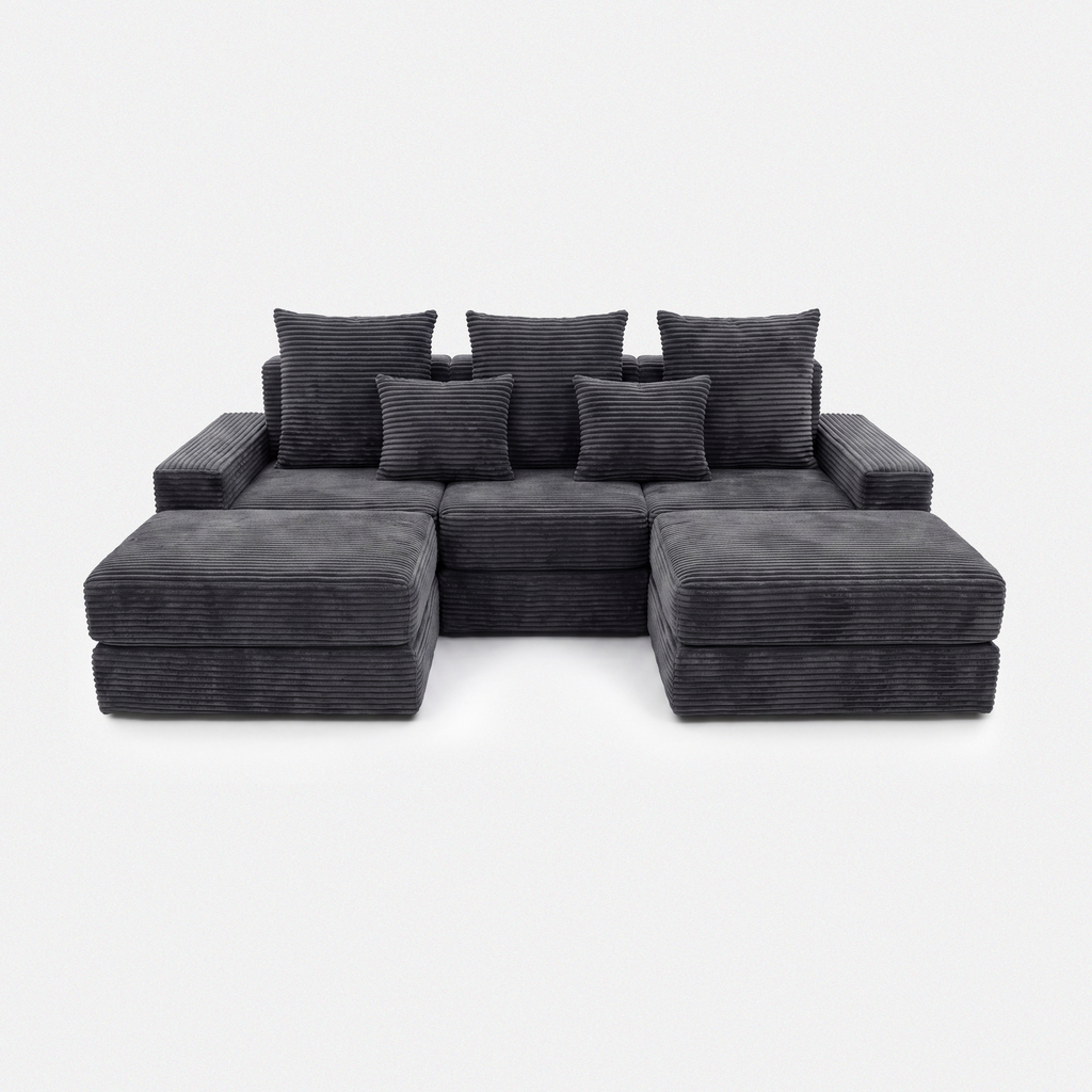 Noma Modular Lounge Set in Charcoal with double chaise layout and plush corduroy texture