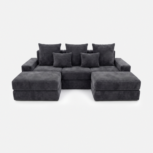 Noma Modular Lounge Set in Charcoal with double chaise layout and plush corduroy texture