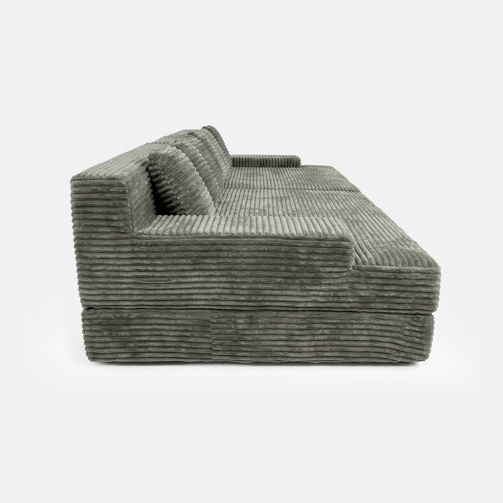 Side view of Lune Corduroy Horizon Sectional Sofa with wide arms and deep lounge seat