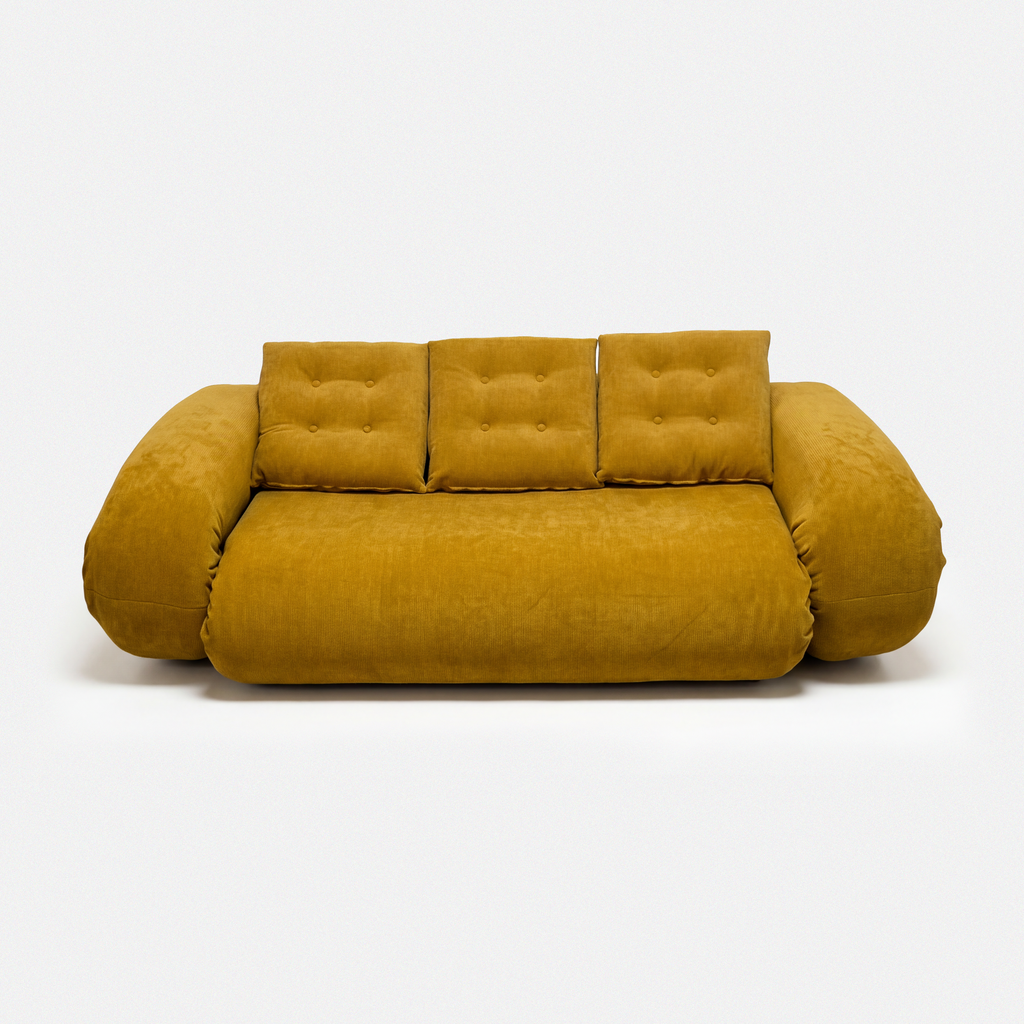 Tovo Plush Pillow Sleeper Sofa in yellow with soft pillow-style cushions