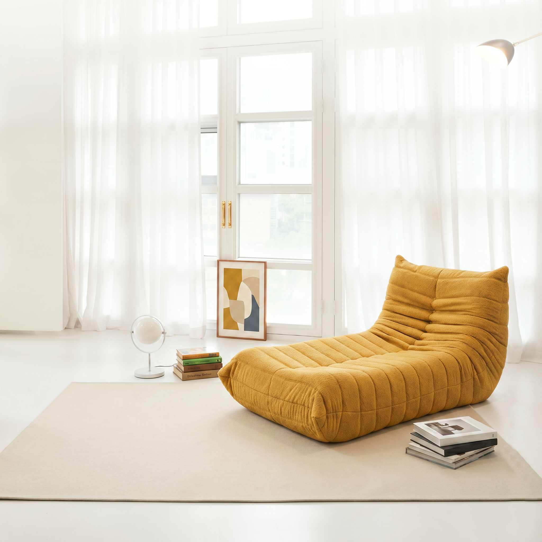 Caterpillar Cream Chaise Lounge in Yellow styled in a bright relaxing lounge space