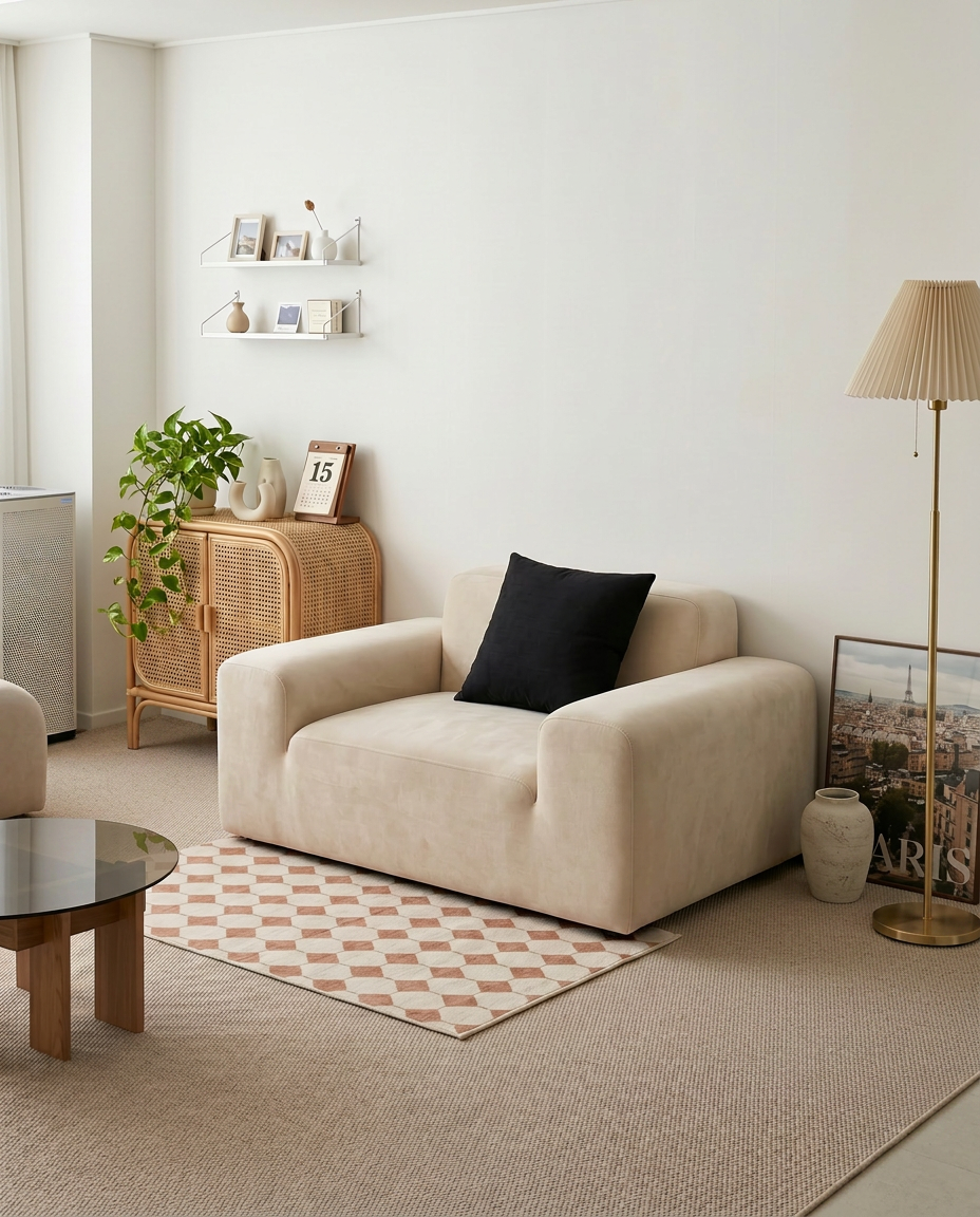 Tovo Cream Wide Accent Chair styled in a cozy reading corner