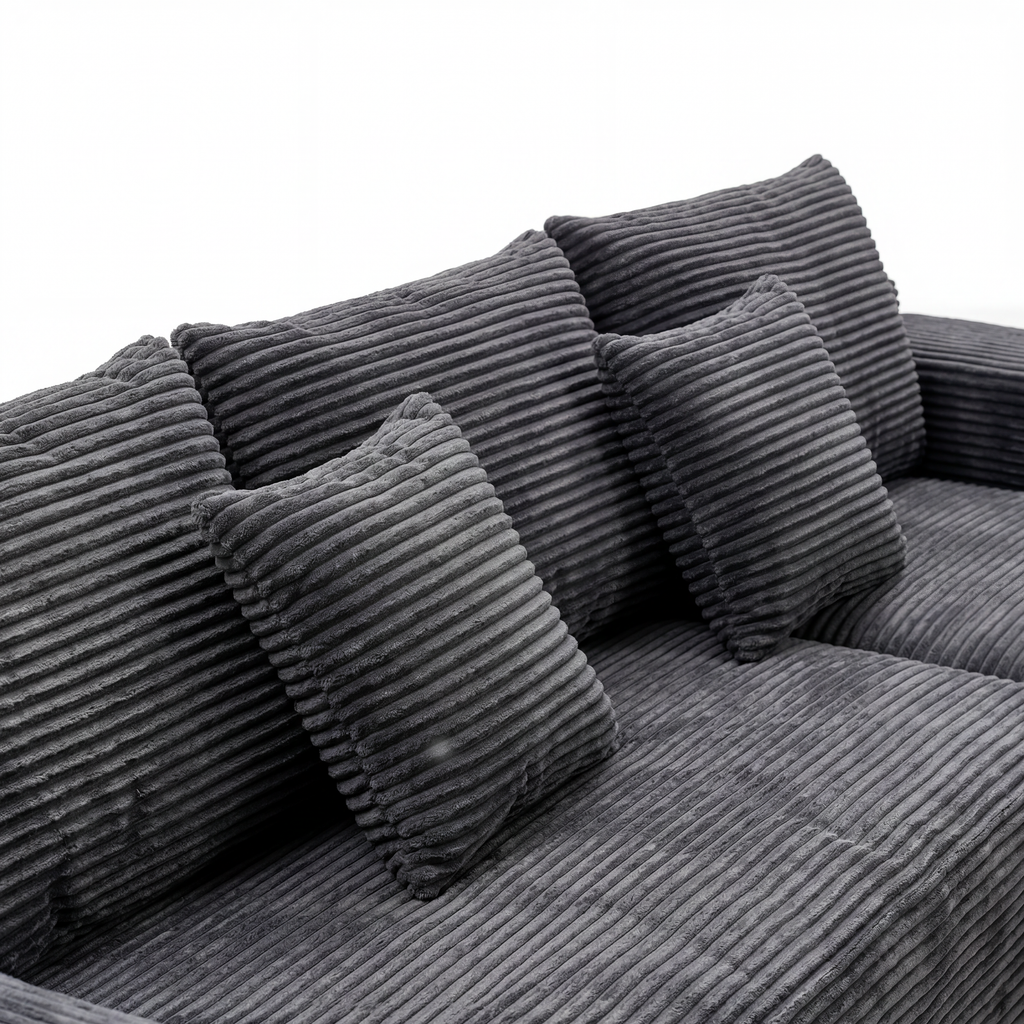 Noma Modular Lounge Set in Charcoal with plush corduroy pillows and seat detail