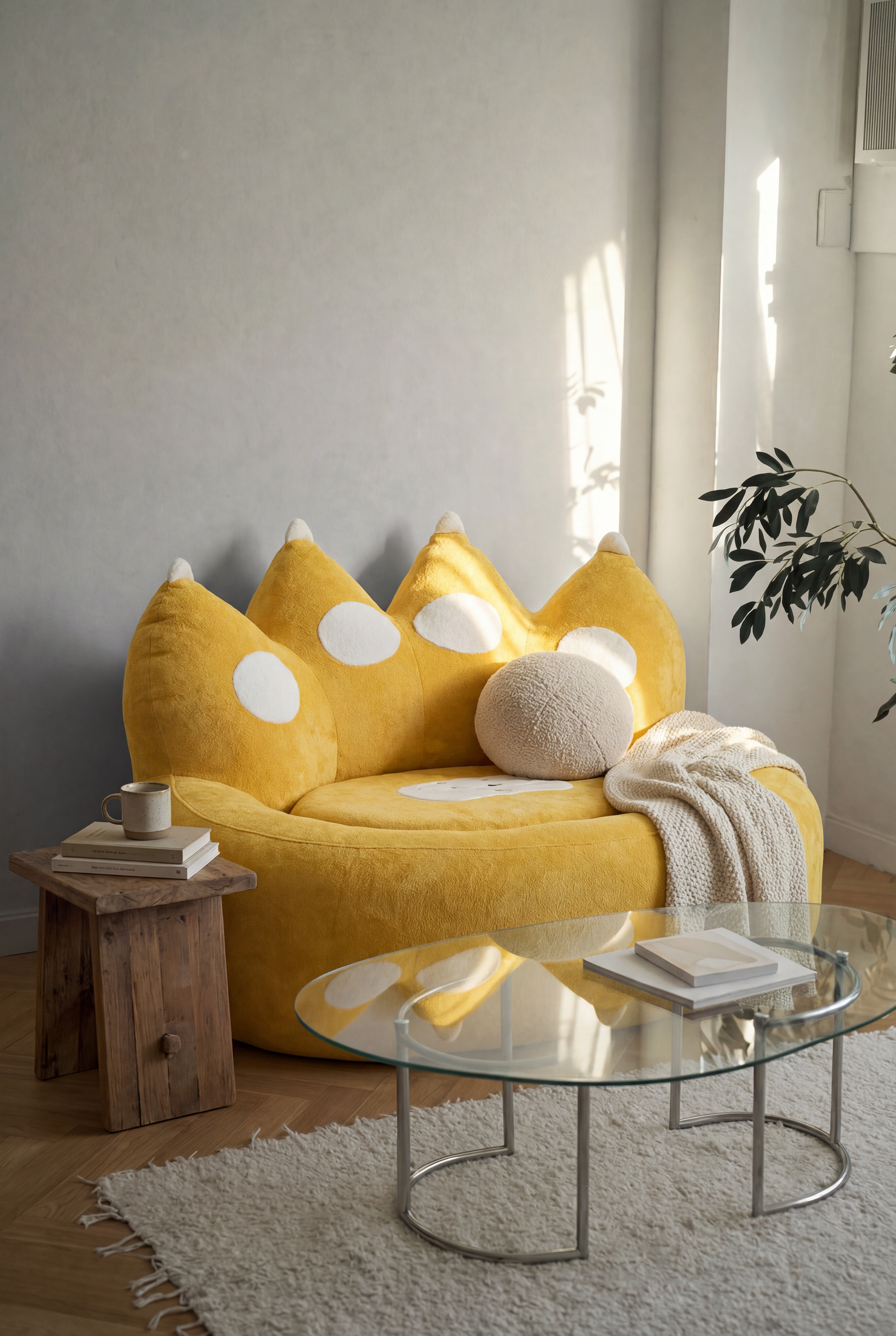 Paw Lounge Chair in Yellow styled in a cozy living room corner