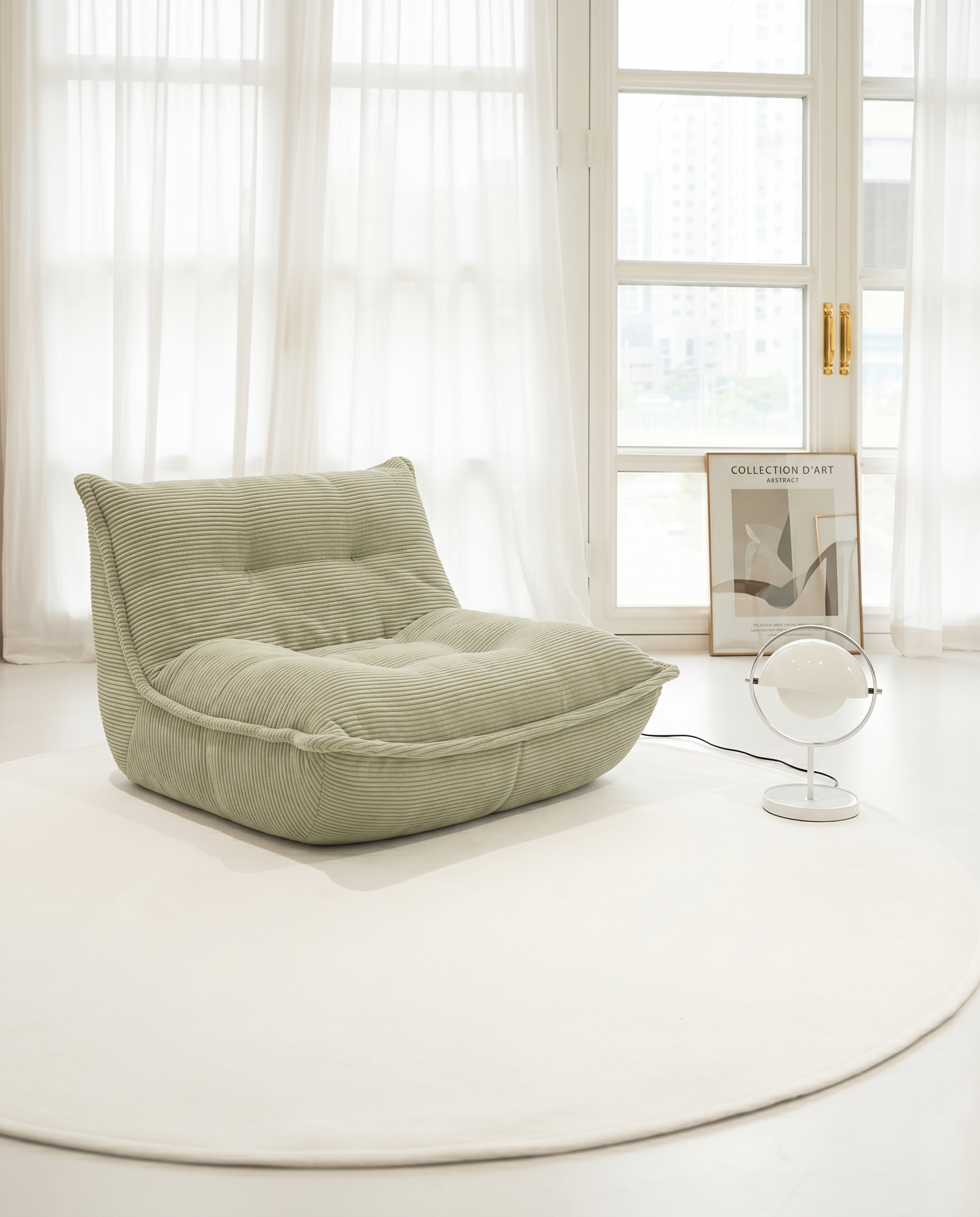 Lune Bouclé Lounge Chair in Moss styled in a bright relaxing lounge space
