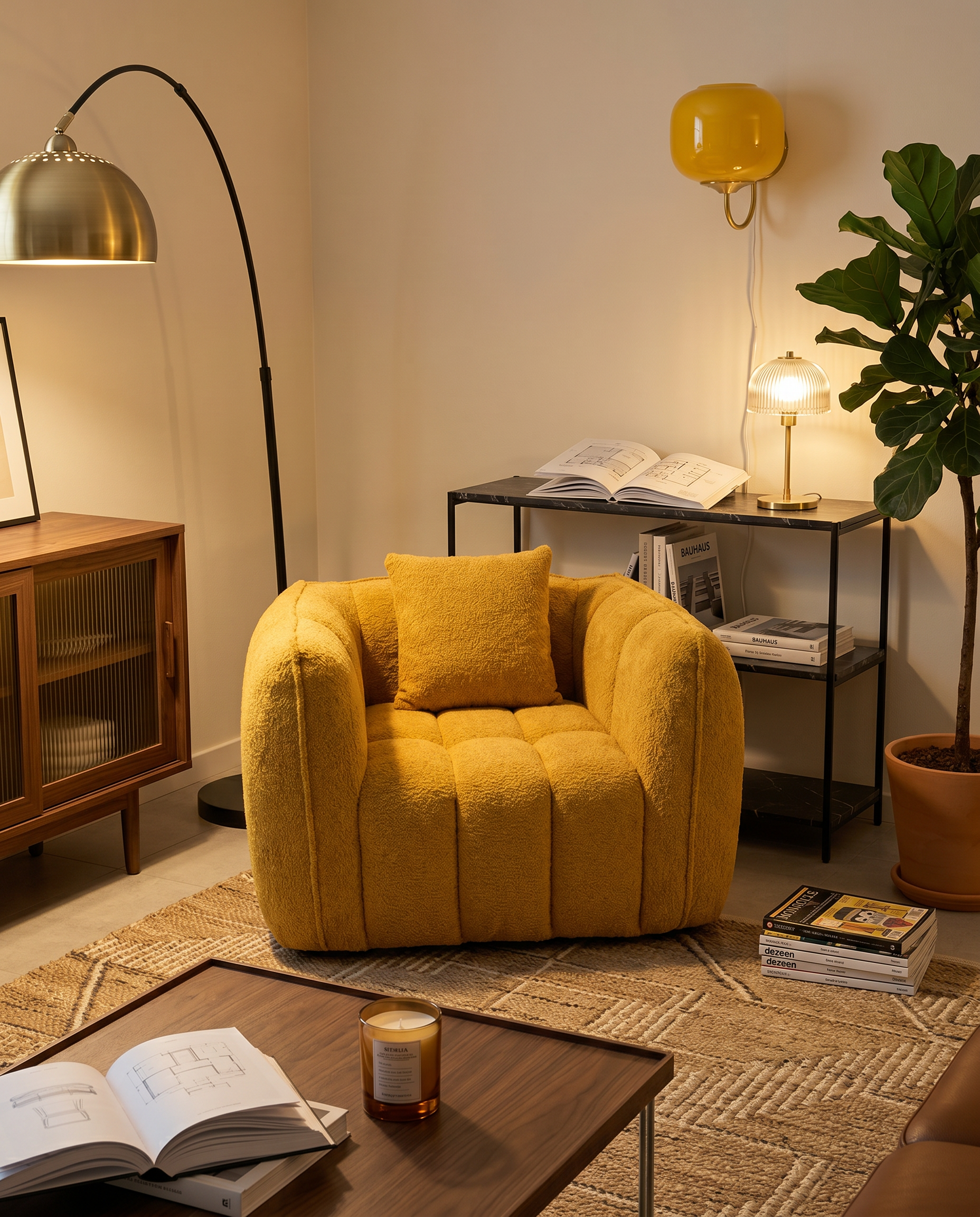 Melo Plush Accent Lounge Chair in Yellow styled in a cozy reading corner