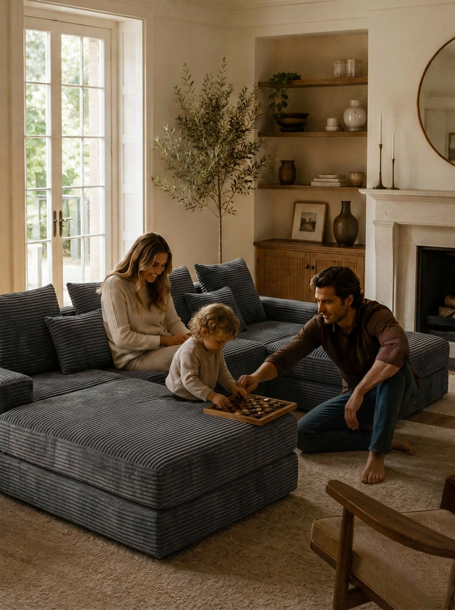 Noma Modular Lounge Set in Charcoal styled for family lounging in a warm living room