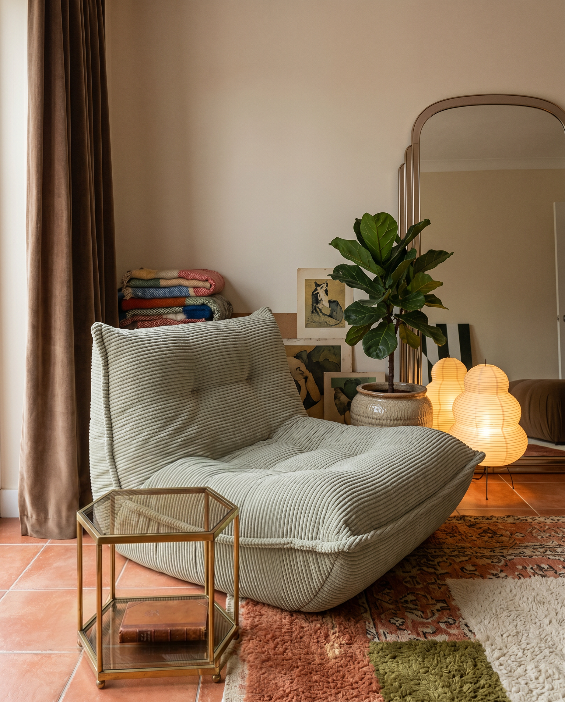 Lune Bouclé Lounge Chair in Moss styled in a warm cozy living corner